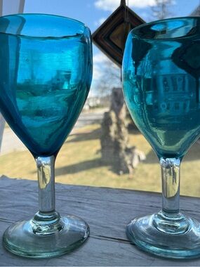 Handblown Teal Glass Wine Goblets - Set of 2